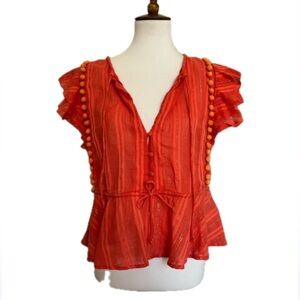 CLEOBELLA Orange Boho Peplum Cotton Ruffle Sleeve Blouse Size Small